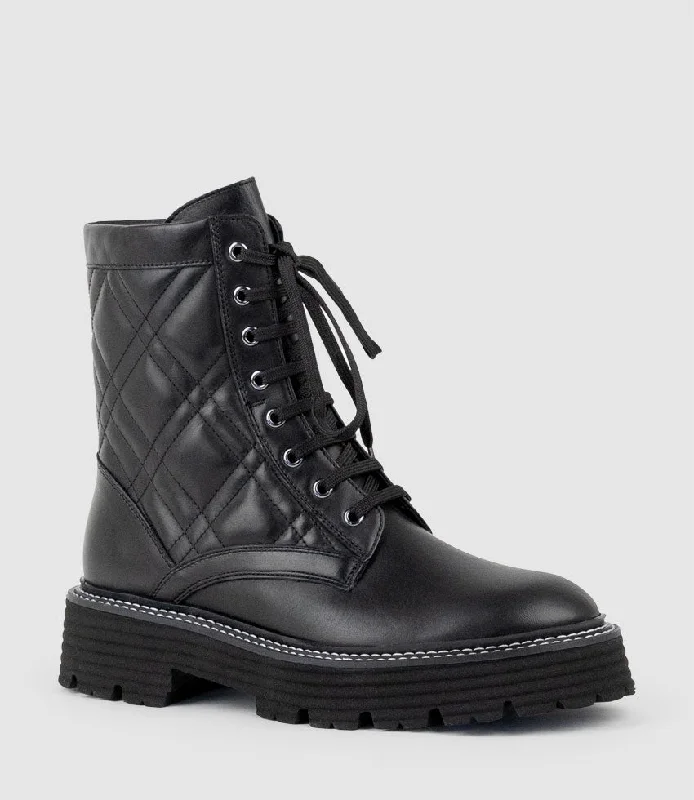 YASMIN Quilted Lace Up Boot in Black