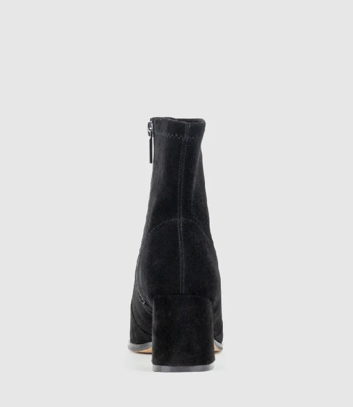 ZYLA65 Block Heel Ankle Boot in Black Suede