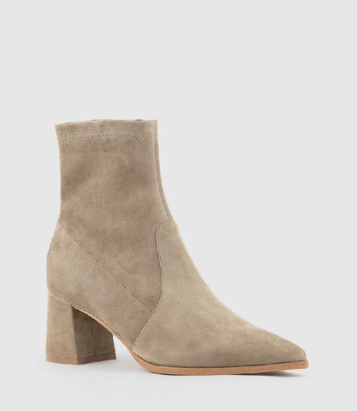 ZYLA65 Block Heel Ankle Boot in Latte Suede