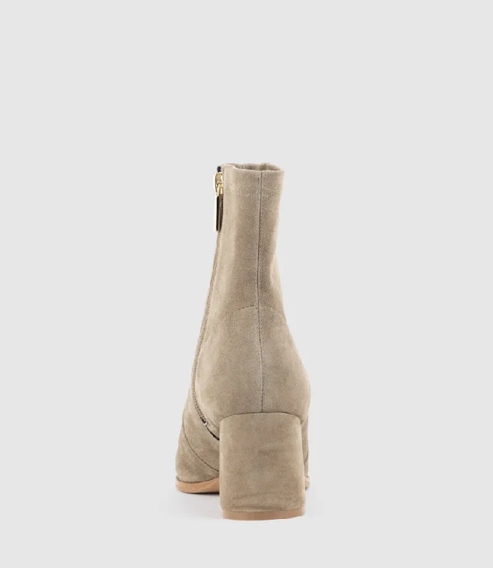 ZYLA65 Block Heel Ankle Boot in Latte Suede