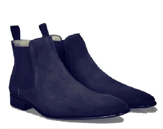 Bespoke Ankle High Navy Blue Chelsea Suede Dress Boot