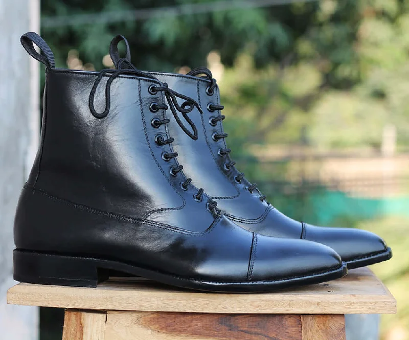 Bespoke Black Leather Ankle Lace Up Boots