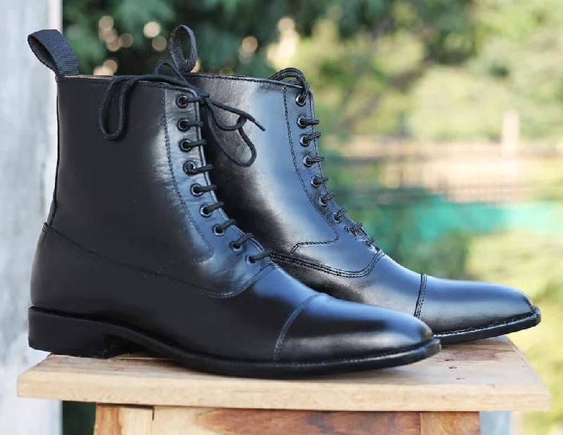 Bespoke Black Leather Ankle Lace Up Boots