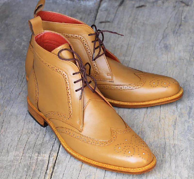 Bespoke Tan Leather  High Ankle Wing Tip Lace Up Boots