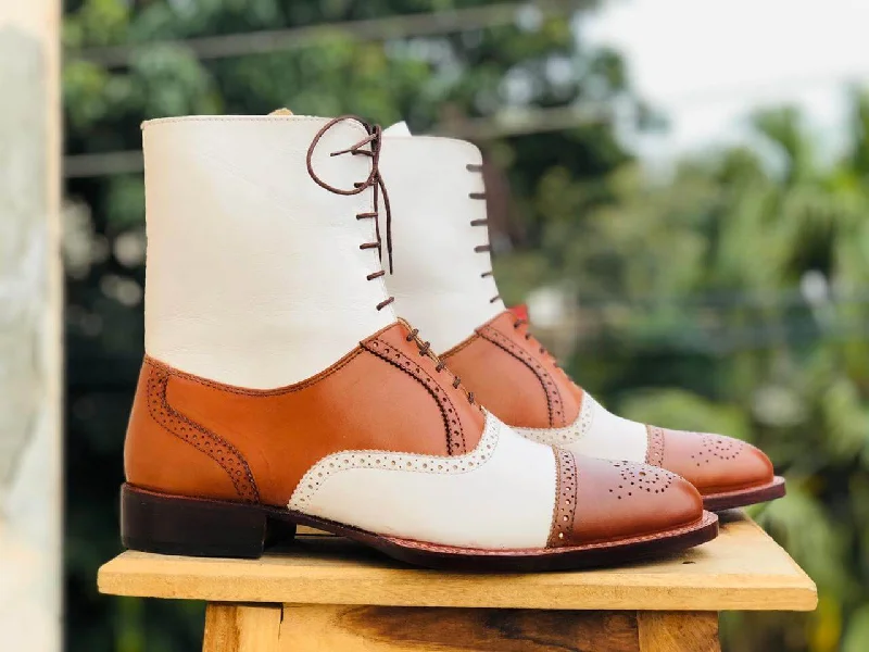 Bespoke White Tan Leather Ankle High Cap Toe Lace Up Boot