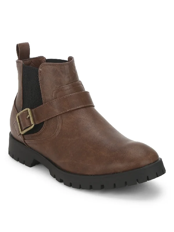 Brown PU Buckle Men Boots