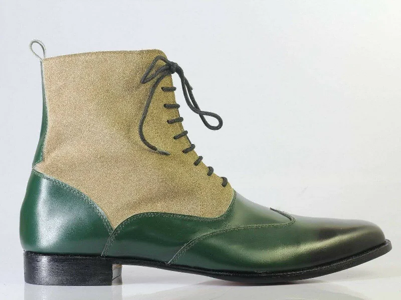 Bespoke Beige Green Wing Tip Lace Up Boots for Men