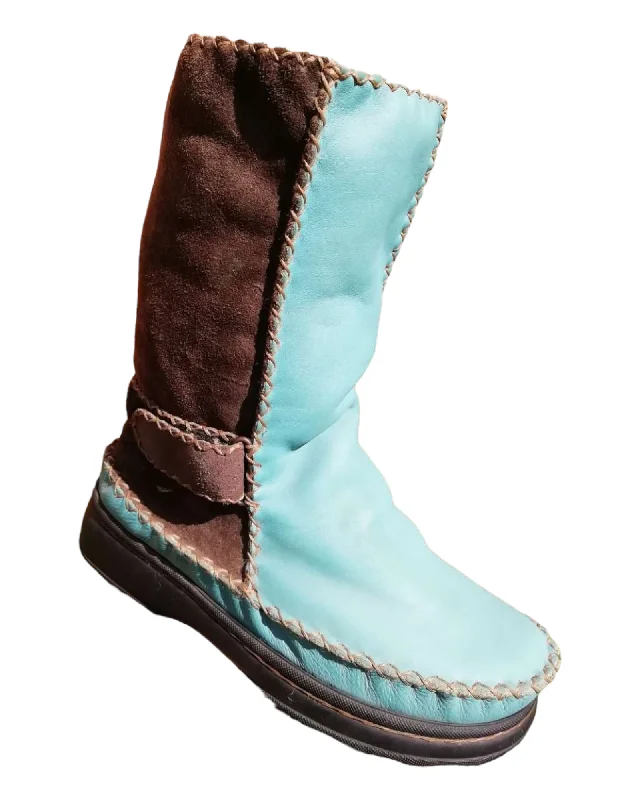 Turquoise and brown half grain leather