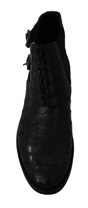 Dolce & Gabbana Black Crocodile Leather Derby Boots Shoes