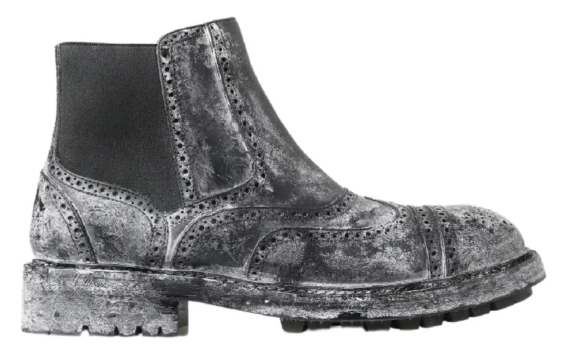 Dolce & Gabbana Black Whitewash Paint Effect Leather Boots