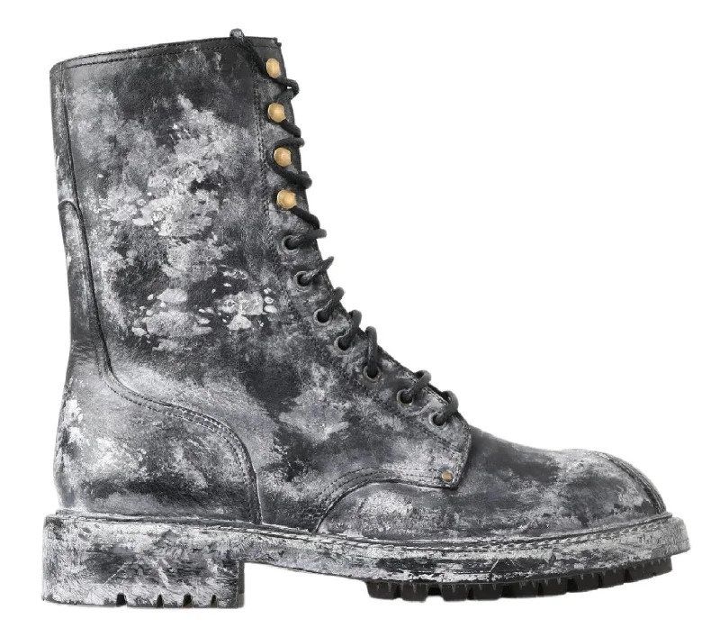 Dolce & Gabbana Black Whitewash Paint Effect Leather Boots