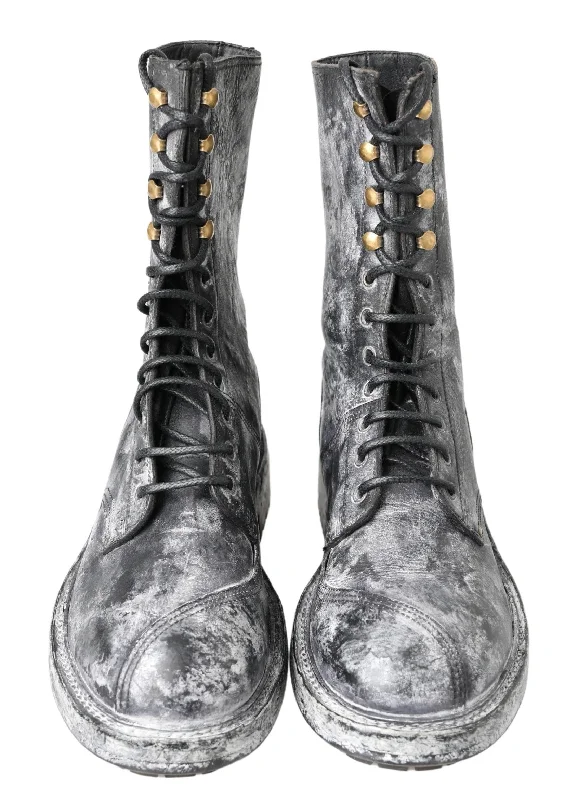 Dolce & Gabbana Black Whitewash Paint Effect Leather Boots