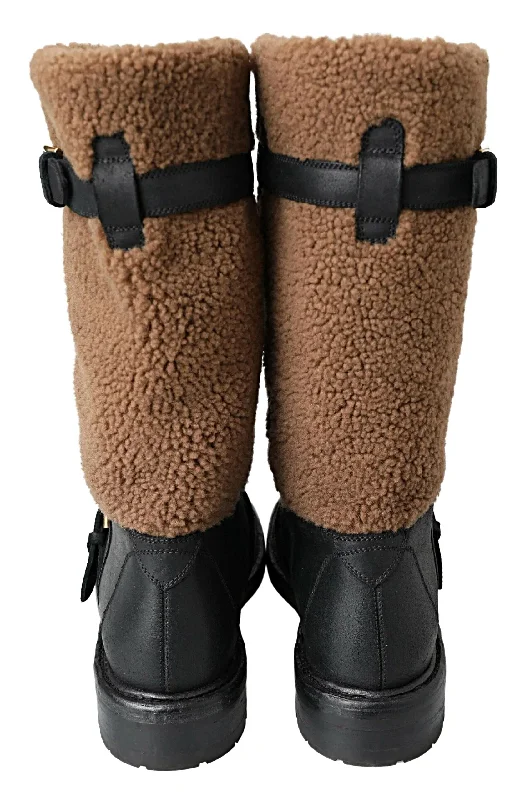 Dolce & Gabbana Black Leather Brown Shearling Boots