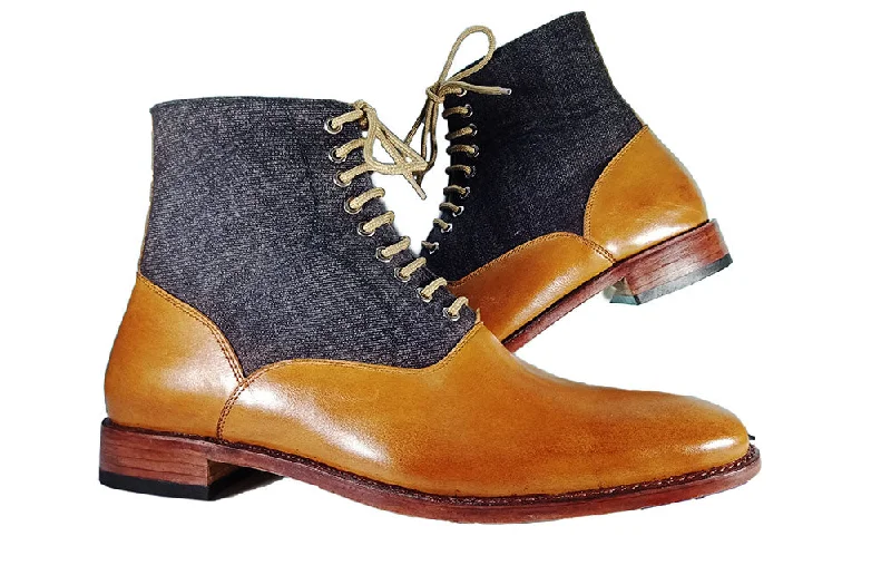 Handmade Men's Tan Navy Blue Boot Dress Leather Tweed Lace Up Boots