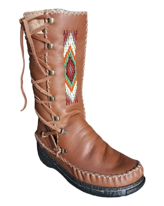 Tan leather boot with wool lining and thin strip beads