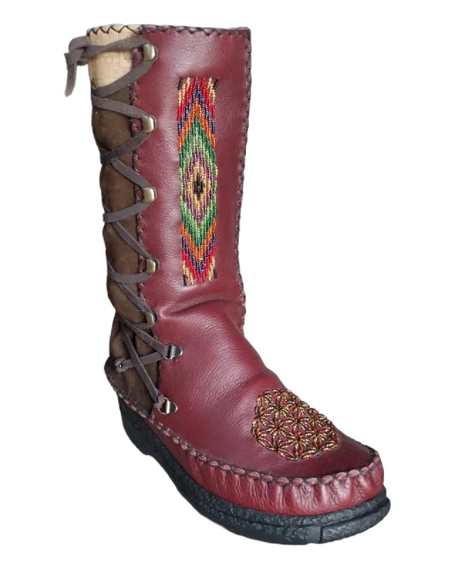 Burgundy leather and dark brown suede boot with wool lining and thin strip, flower of life beading