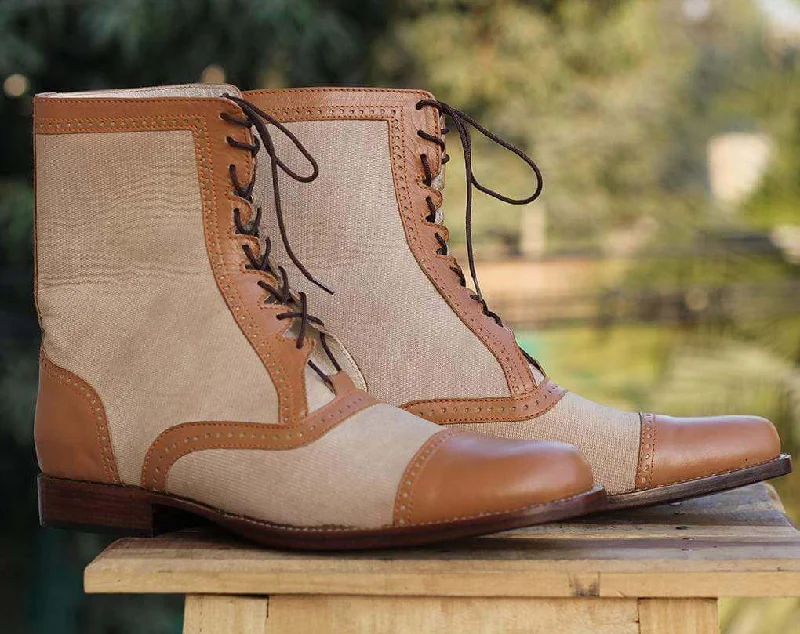 Leather Tweed Ankle Brown Beige Boot