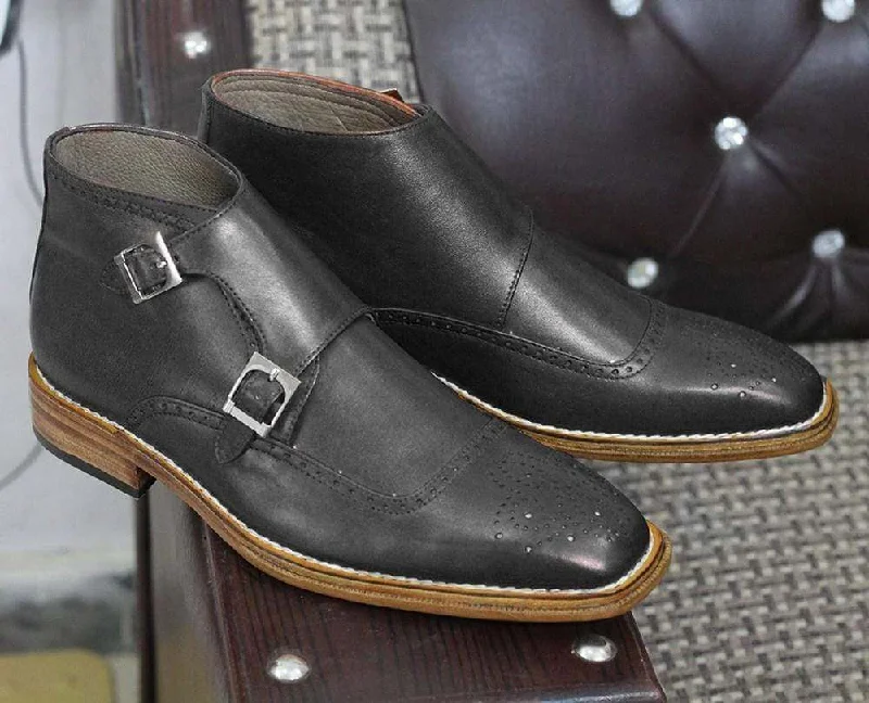 Men Black Buckle Leather Ankle Boots Men's