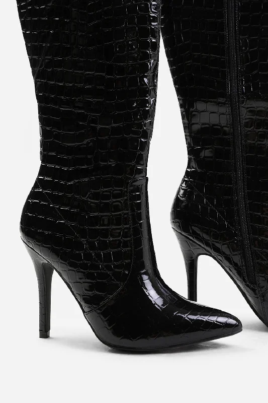 ZOYA WIDE CALF HIGH HEEL BOOT IN WIDE E FIT IN BLACK CROCO PATENT