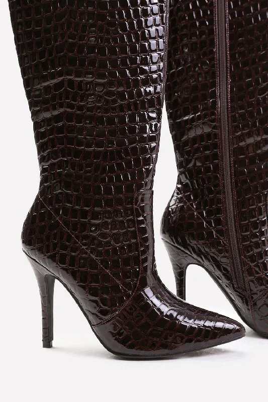 ZOYA WIDE CALF HIGH HEEL BOOT IN WIDE E FIT IN DARK BROWN CROCO PATENT