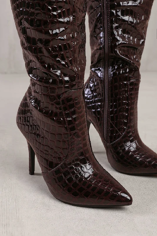 ZOYA WIDE CALF HIGH HEEL BOOT IN WIDE E FIT IN DARK BROWN CROCO PATENT