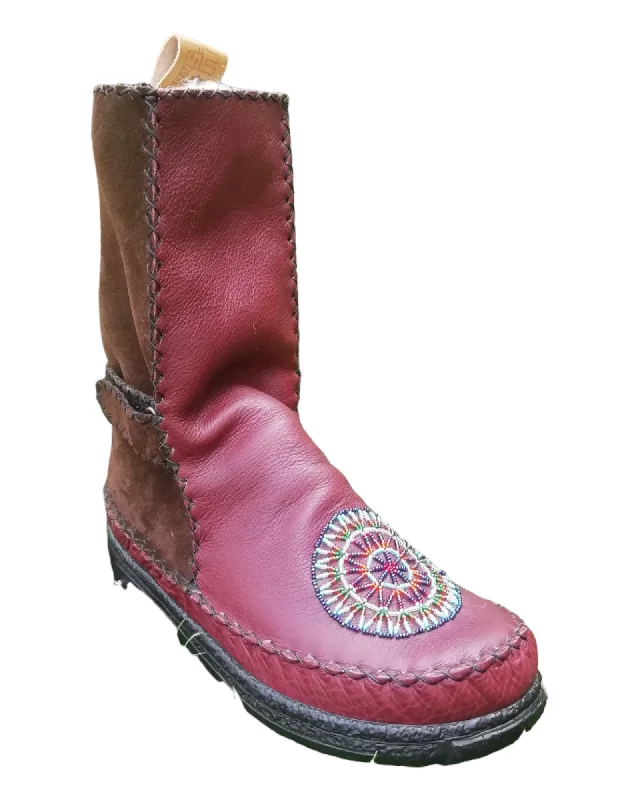 Burgundy leather and brown suede with full mandala beadwork