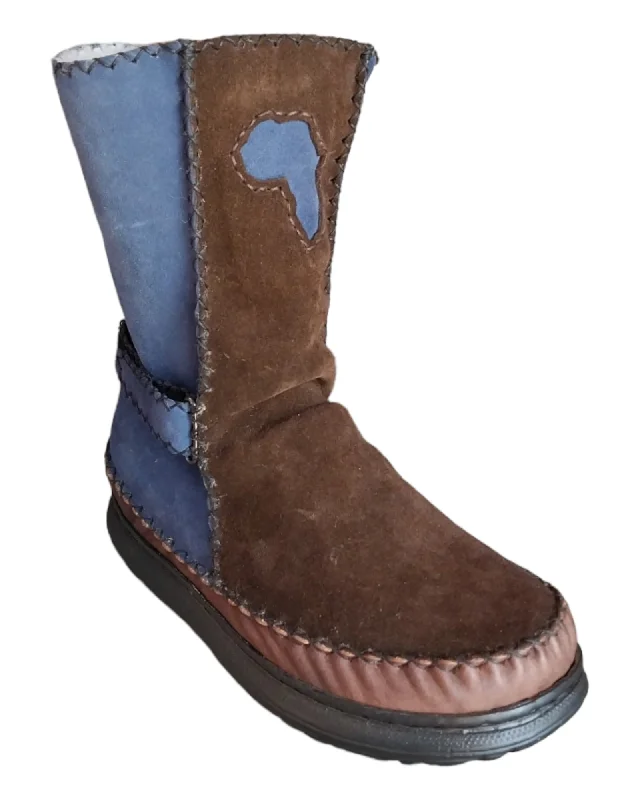 Dark brown and blue suede boot with wool lining and blue africa cutout