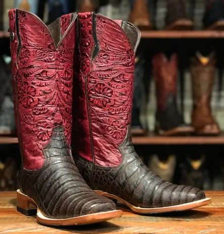 Tanner Mark Women's Brown Caiman with Tooled Burgundy Boots