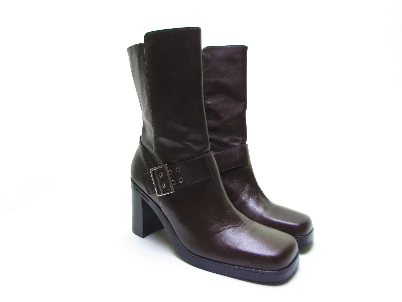 90s Tommy Hilfiger Square Toe Platform Boots - Brown Leather Biker Boot with Chunky Heel - Perfect for Rocker, Grunge, and Goth Styles! Size 8