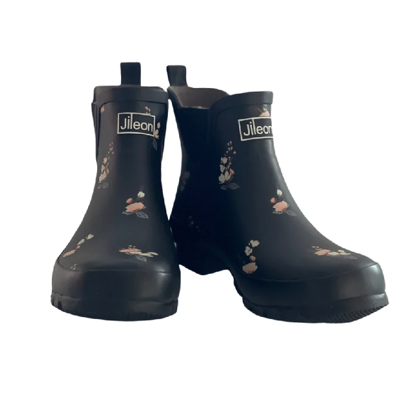 Ankle Height Rain Boots - Black Floral - Wide Foot