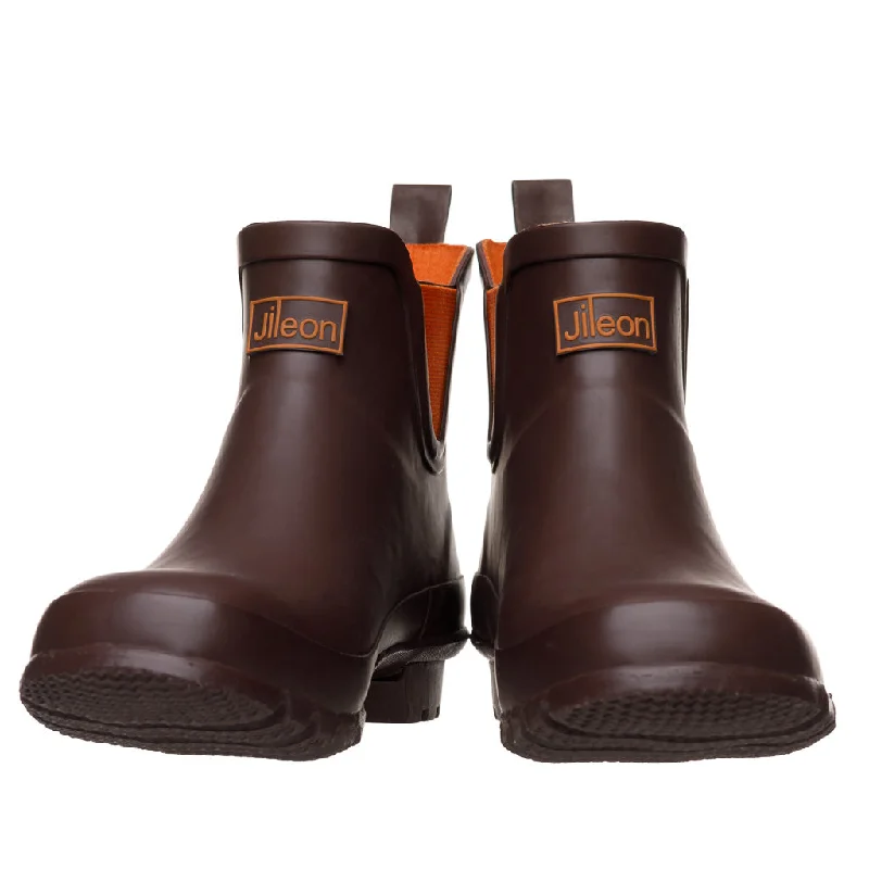 Ankle Height Rain Boots - Chocolate with Orange Trim - Wide Foot