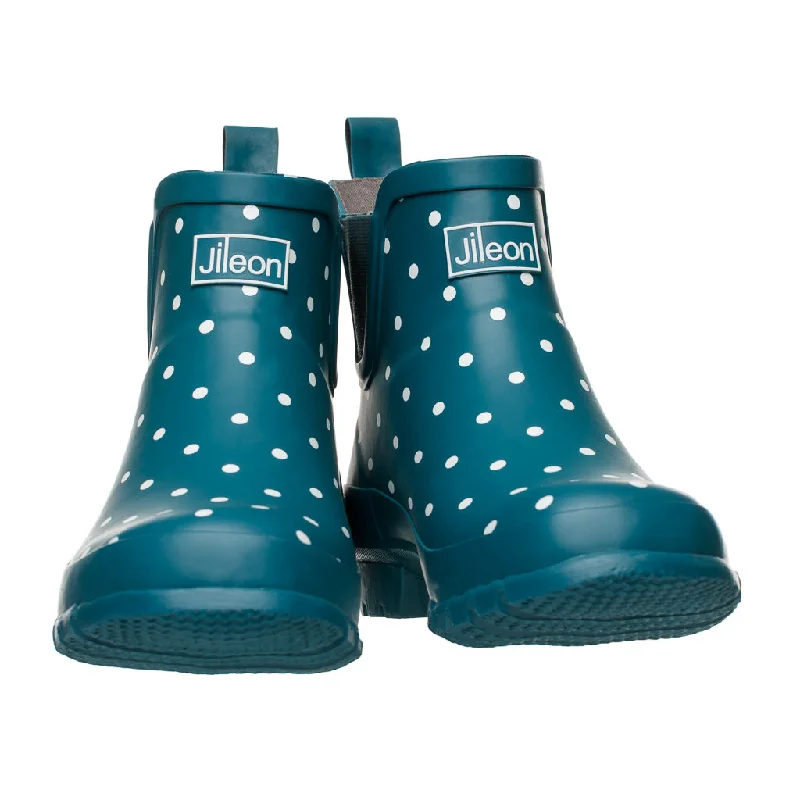 Ankle Height Rain Boots - Teal with White Spots - Wide Foot