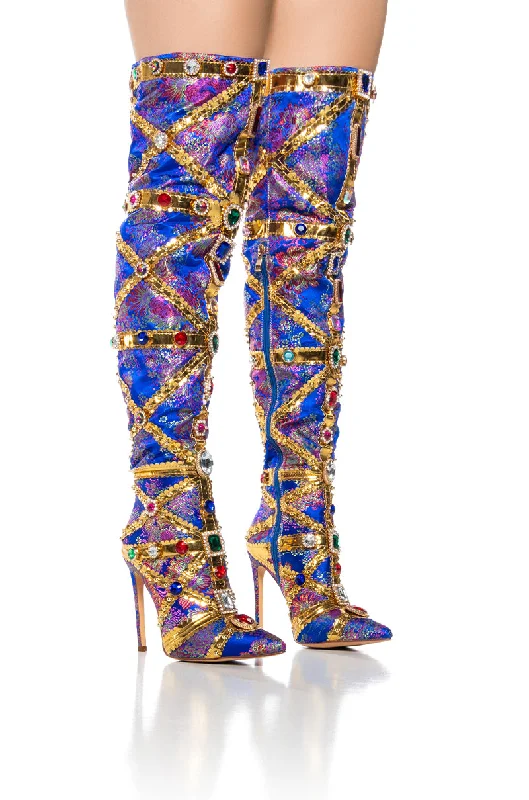 AZALEA WANG BERKLEY BLUE BAROCADE EMBELLISHED BOOT