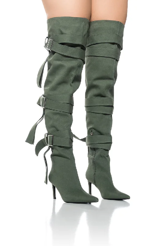 AZALEA WANG RICHMOND STRAPPY UTILITY THIGH HIGH BOOT IN GREEN