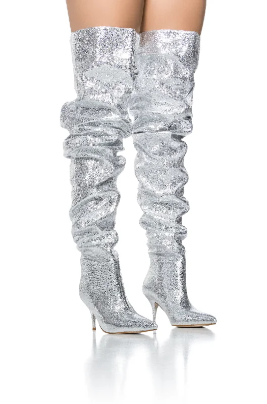 AZALEA WANG SEIRA SCRUNCHED METALLIC THIGH HIGH BOOT IN SILVER