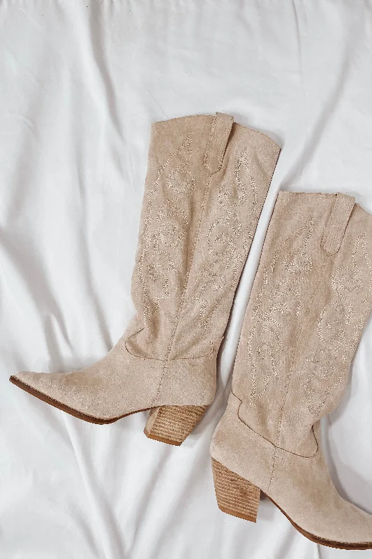 Beatrice Embroidered Western Knee-High Boots- Taupe