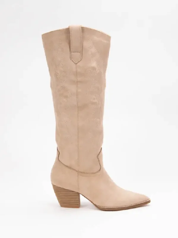 Beatrice Embroidered Western Knee-High Boots- Taupe