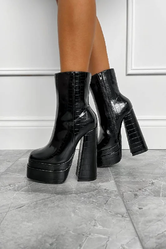 CARMEN Platform Heeled Boots - Black Croc Patent