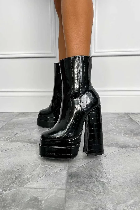 CARMEN Platform Heeled Boots - Black Croc Patent