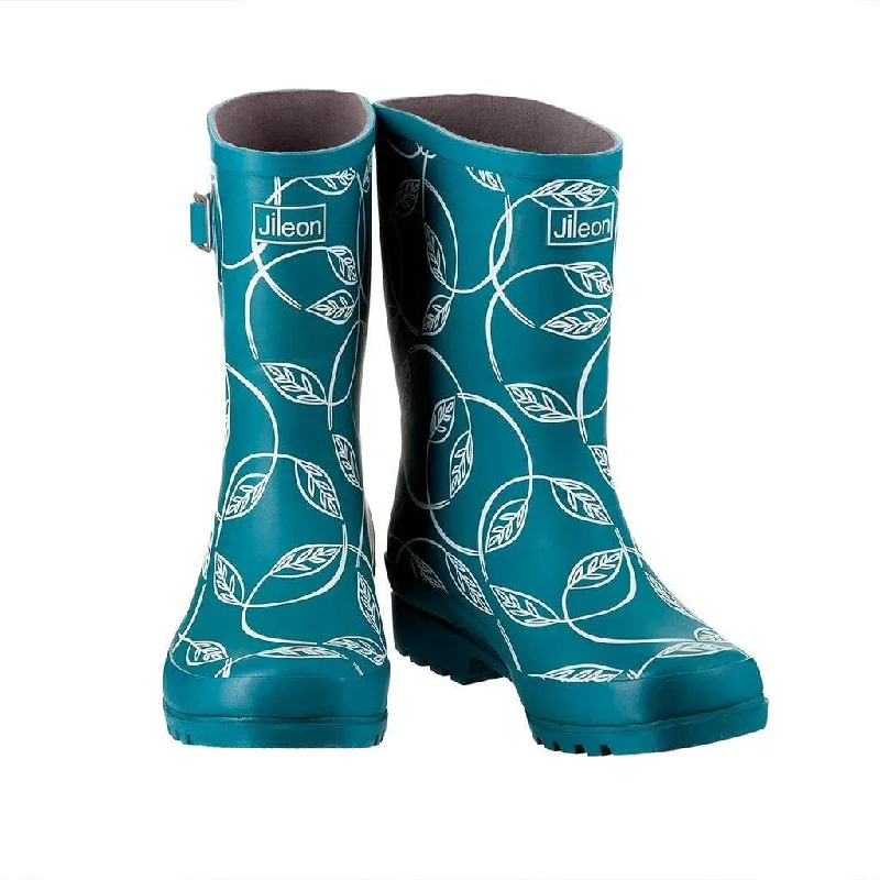 Half Height Rain Boots - Dark Teal with Leaves - Wide Foot and Ankle