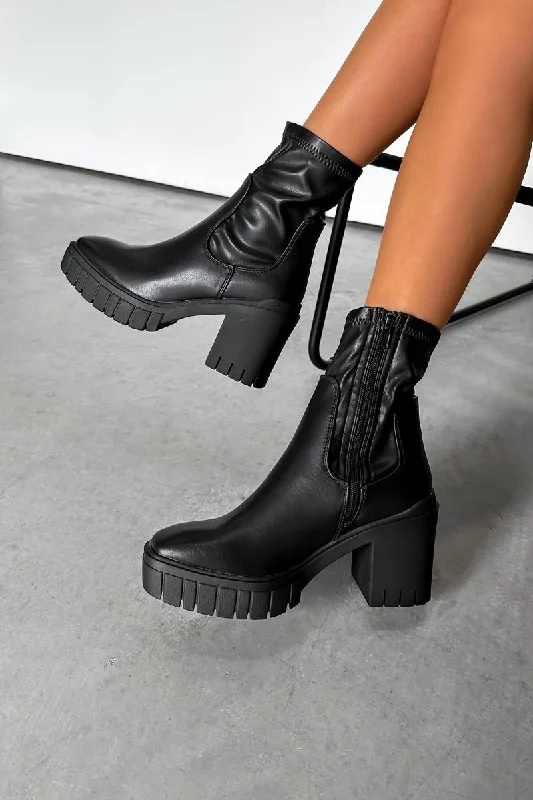 ELLI Chunky Sock Fit Heeled Boots - Black PU