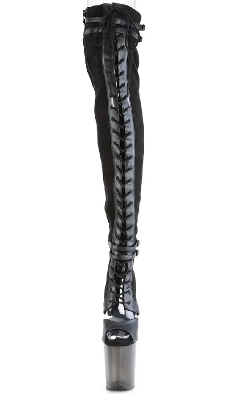 FLAMINGO-3027 Black Suede & Faux Leather Thigh High Boots