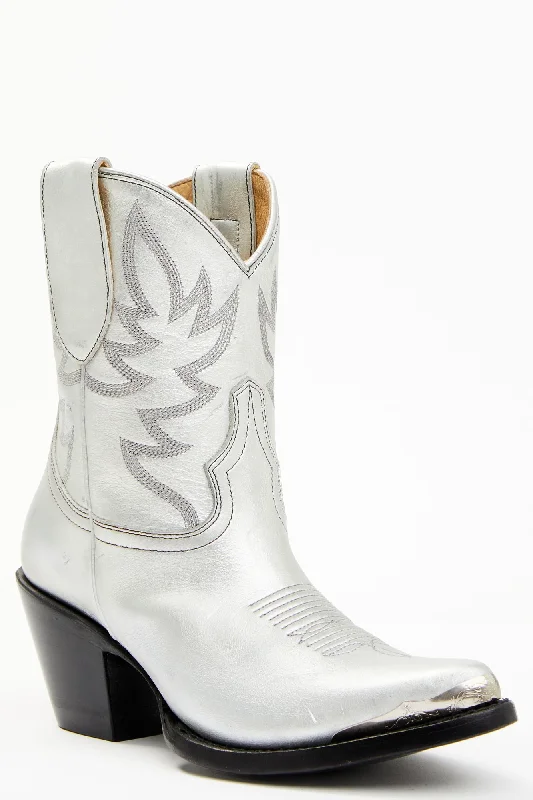 Wheels Silver Leather Western Booties - Round Toe