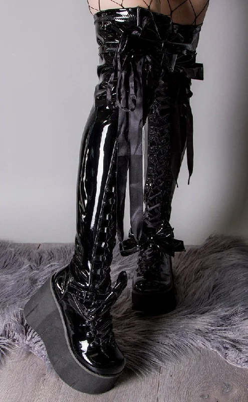 KERA-303 Black Patent Thigh High Platform Boots