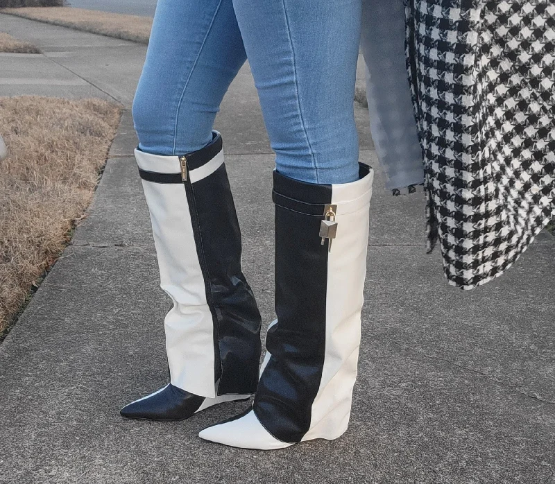 Minaj~Black & White Padlock Boot