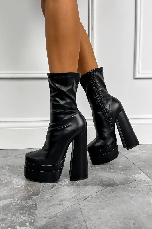 NEIVE Platform Heeled Sock Fit Boots - Black PU