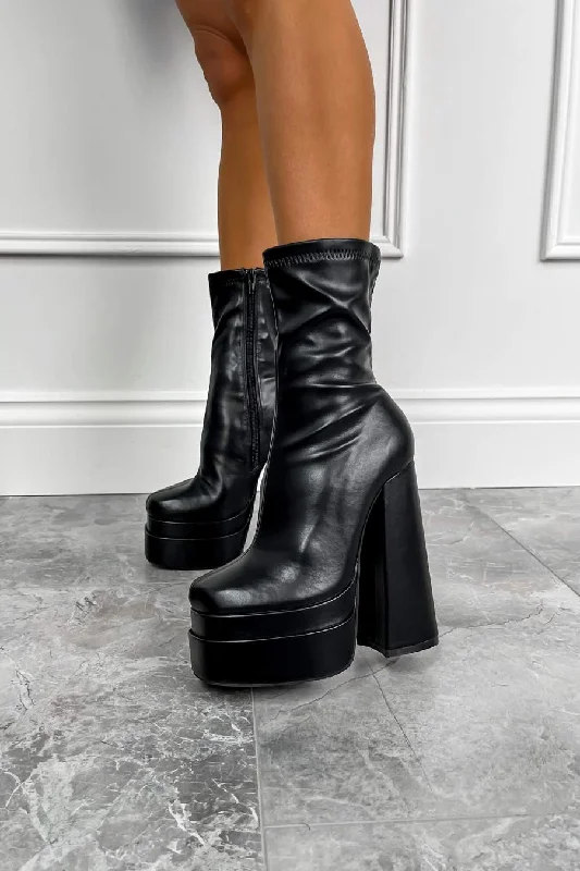 NEIVE Platform Heeled Sock Fit Boots - Black PU