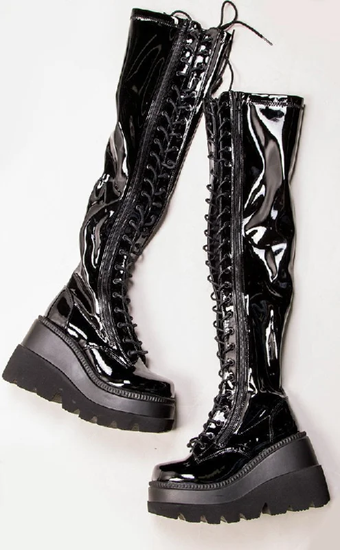 SHAKER-374 Black Patent Thigh High Platform Boots (Au Stock)