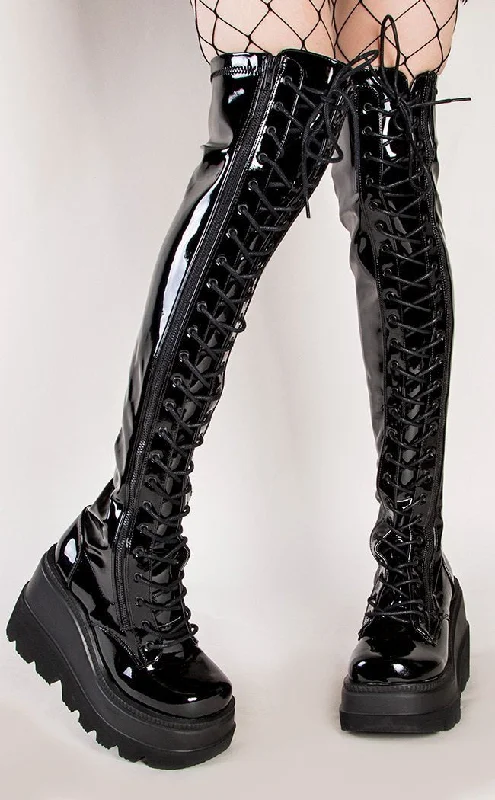 SHAKER-374 Black Patent Thigh High Platform Boots (Au Stock)