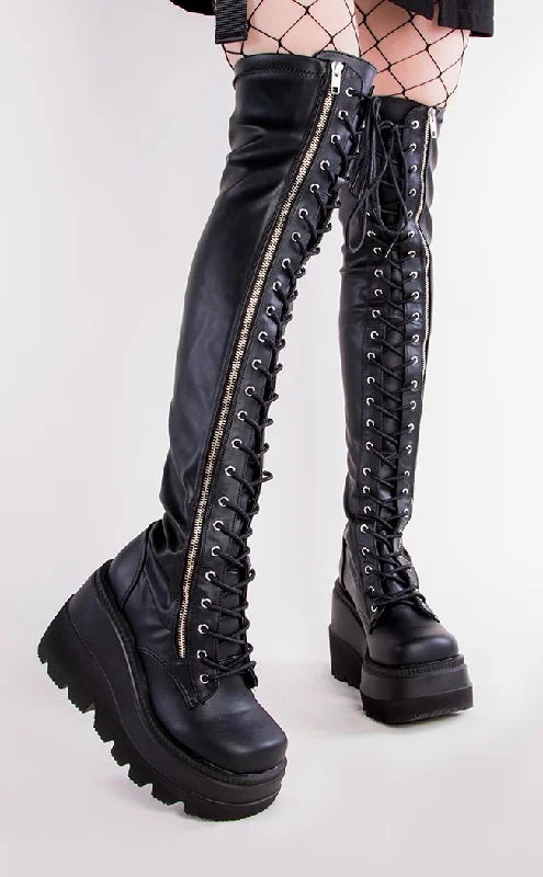 SHAKER-374 Black Vegan Leather Thigh High Platform Boots (Au Stock)